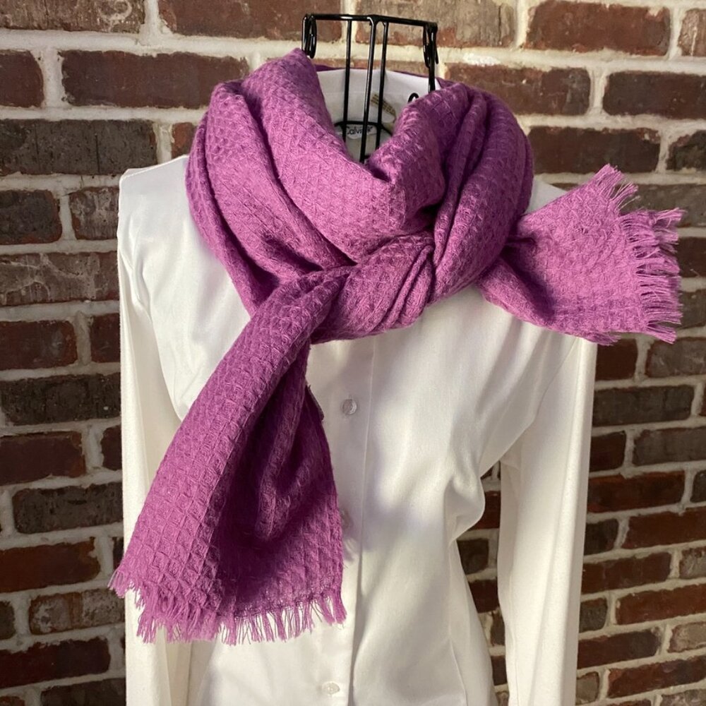 Distressed Vintage J.Jill Wool Waffle Purple Scarf Frayed Fringe Ends Textured